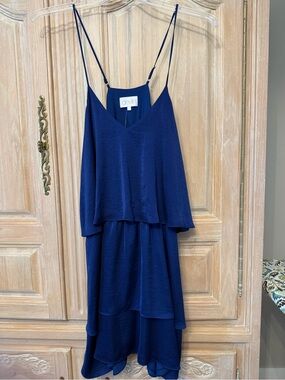 One-Shoulder Navy Dress with Gathered Waist
